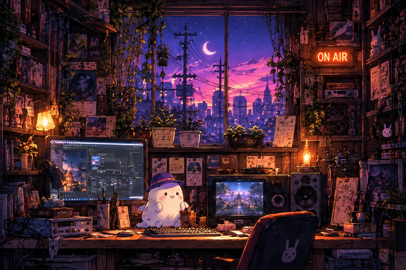 A cozy night-time studio: a little ghost at a desk with monitors, lamps and an ON AIR sign.